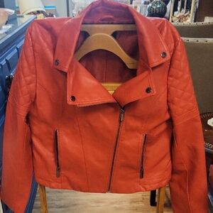 New York & Company Red Faux Leather Jacket with Biker Style
